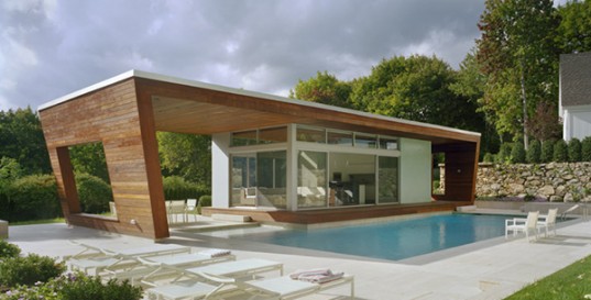 House Plans with Pools and Outdoor Kitchens for Rear Home Idea: Amazing Modern Style Wooden Accent House Plans With Pools Made From Concrete Material Withlarge Swimming Pool And Loungers