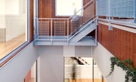 Wonderful Contemporary Home Idea with Amazing Color Choice: Incredible Cut Out Home Design Exterior With Wooden Wall And Concrete Tile Flooring In Contemporary Design Ideas For Home Inspiration
